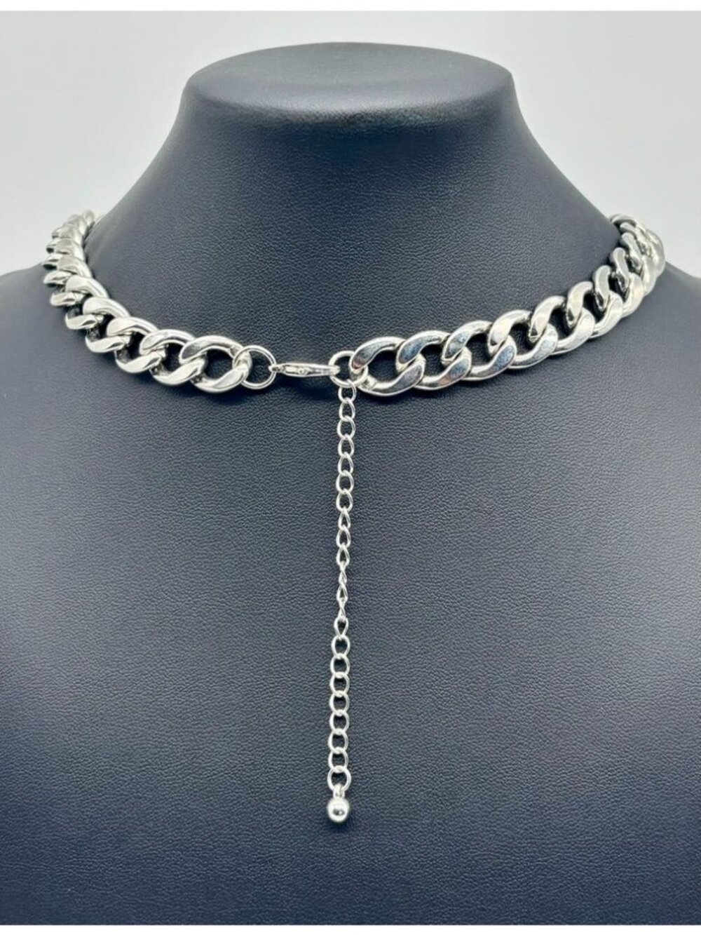 Chunky Silver-Tone Cuban Link Chain Necklace W/Faux Safety Pin Accent Adjustable - Picture 9 of 11